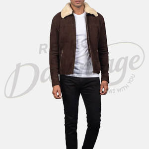 Veste en daim marron pour homme de qualité supérieure avec col en fausse fourrure crème, manteau bomber chaud d'hiver, coupe ajustée, vêtement d'extérieur en daim décontracté - Product Image 4