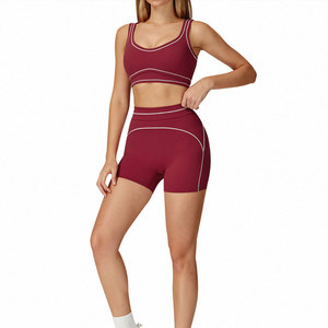 Burgundy Seamless 2-Piece Yoga Set Mid Waist Shorts <b>Crop</b> <b>Top</b> Racerback Solid Color Contrast Stitch Four-Way Stretch Breathable - Product Image 2