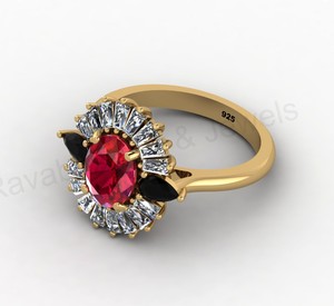 Magnifique bague de mariage en argent 925 plaqué or avec rubis, quartz noir onyx, taille ovale 7x9mm, halo de baguettes CZ, bijoux fins pour femme - Product Image 6