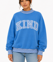 Sweat-shirt bleu oversize à col montant avec appliqué gingham brodé, style preppy, unisexe, pour l'automne