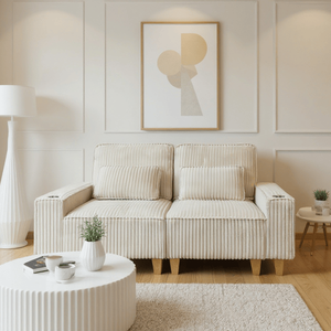 Divano a 2 Posti in Velluto a Coste con Seduta Profonda, Portabicchieri in Acciaio Inox Spazzolato e 2 Cuscini Decorativi per Arredamento Soggiorno - Product Image 2