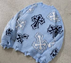 Pull à capuche surdimensionné en tricot bleu clair à motif croisé imprimé sur mesure pour homme, vêtement d'hiver en coton surdimensionné - Product Image 3