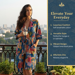 Bata Kimono de Algodón Azul con Estampado Floral, Mangas Largas, Cuello en V, Cinturón con Cordón, Bolsillos Delanteros, Bata Larga para Descansar - Product Image 6