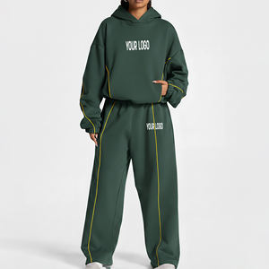 Survêtement décontracté pour femme avec logo imprimé personnalisé, couleur unie, passepoil intégral, en molleton 100% coton épais - Product Image 4