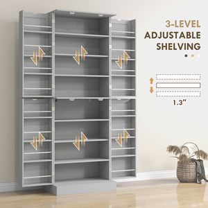 Modern 65\" <b>Kitchen</b> <b>Pantry</b> Cabinet with 4 Doors and 16 Door Shelves Stainless Steel and Metal Dining Room Gray - Product Image 5