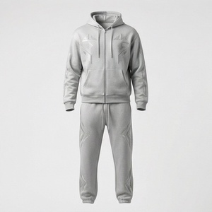 Men's Gray Hooded <b>Tracksuit</b> Full Zip Geometric Embossed Design Cotton Casual Sweatshirt And Pants Set Autumn Wear - Product Image 1
