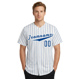 Custom <b>Baseball</b> Jersey Men's Short Sleeve Striped White Blue V Neck Breathable Polyester Teamname 00 Printed Uniform - Product Image 4