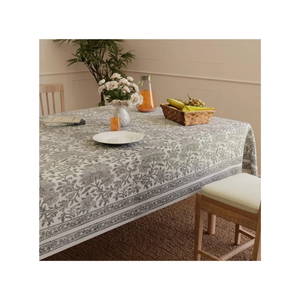 Grey Botanical <b>Tablecloth</b> Cotton Floral Border Print Elegant <b>Rectangle</b> Dining Cover Home Textile Supplier Bulk Wholesale - Product Image 1