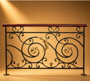 Panneau de balustrade moderne en fer forgé noir et laiton avec volutes dorées - Product Image 3