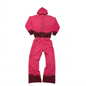 Custom Vintage Cotton Jogging Set Zip up Acid Wash Tracksuit Streetwear Hoodie and Straight Leg <b>Flared</b> Sweatpants <b>Men</b> & Women - Product Image 4