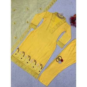 ด้ายมัสลินแฟนซีทำงานด้านบนด้านล่างมีสีเหลือง dupatta - Product Image 4