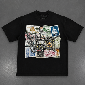 Camiseta Extra Grande con Diseño Personalizado para Hombre, Estampado de Sellos Postales Vintage, Algodón Grueso, Estilo Urbano Informal, OEM ODM - Product Image 2