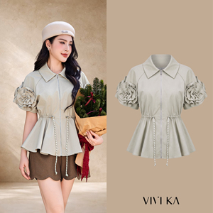 Blusa Elegante con Peplum y Cierre Frontal para Mujer, Diseño Personalizado con Mangas Florales 3D y Cintura Ajustable con Cordón, ODM OEM TOREN - Product Image 1