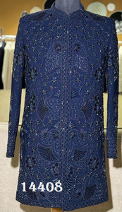 Sherwani Azul Indo Occidental para Hombre, Ropa Formal con Bordado Floral a Mano, Traje para Boda o Fiesta - Product Image 3