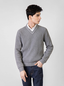 <b>Men's</b> Grey V-Neck Knitted Pullover <b>Sweater</b> Long Sleeve Solid Color Autumn Top - Product Image 3