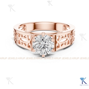 Bague de fiançailles et de mariage classique en diamant de laboratoire personnalisé, certifiée IGI, taille brillant rond, bande à découpe géométrique, or massif - Product Image 6