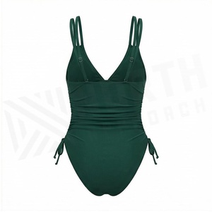Traje de baño de una pieza con cuello en V profundo para mujer, con lazo lateral y tirantes halter, traje de baño elástico verde liso - Product Image 2