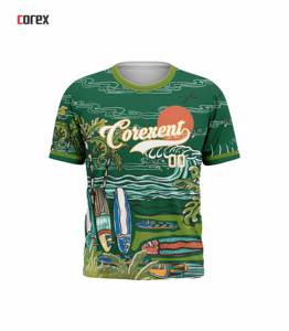 T-shirt à manches courtes Corex vert à imprimé tropical, col rond, coupe classique, style décontracté avec motif surf - Product Image 1