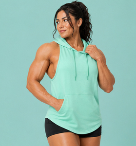 Camiseta sin mangas con capucha y logo frontal transpirable para mujer, top deportivo de alta calidad, chaleco deportivo con espalda cruzada, sudadera con capucha tipo stringer - Product Image 6