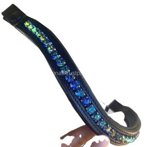 Handmade Empty Channel Leather Horse Brow <b>Band</b> Designed with Multicolor Large Crystals and Stones with <b>Snap</b> Button for Loops - Product Image 1