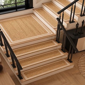 Tapis d'escalier beige avec bordure moderne, ensemble de tapis décoratifs pour marches d'escalier, chemin de couloir intérieur pour la maison, les couloirs et l'entrée - Product Image 1