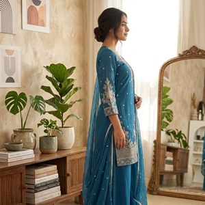 Conjunto de Kurta y Palazzo de Seda Romana Bordada con Lentejuelas y Dupatta Nazmeen para Mujer, Ropa Étnica Festiva - Product Image 3