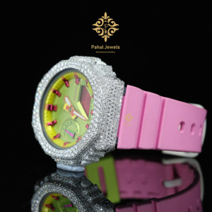 Pahal Jewels Montre à quartz analogique-numérique de luxe pour femme avec boîtier en strass et bracelet en silicone rose, cadran rond de 42 mm - Product Image 3