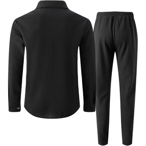 Men's Black Cotton Knitted Shirt <b>Pants</b> Set Turn-<b>down</b> Collar Solid Color Casual Autumn Wear - Product Image 2
