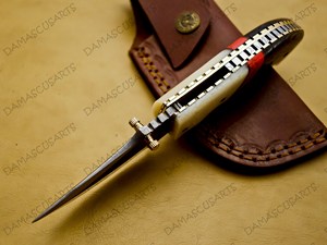 Couteau utilitaire pliant OEM avec manche en composite ivoire et bois naturel, lame en acier, tige d'affûtage et étui en cuir véritable - Product Image 4
