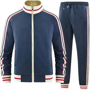 Ensemble de survêtement unisexe marron rayé sportif avec fermeture éclair intégrale, col montant, coupe classique, pour l'automne, en polyester et coton - Product Image 3