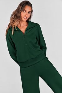 Ensemble de survêtement décontracté deux pièces pour femme : sweat-shirt à demi-zip et pantalon large – Vêtements de sport et de détente – Vente en gros - Product Image 5
