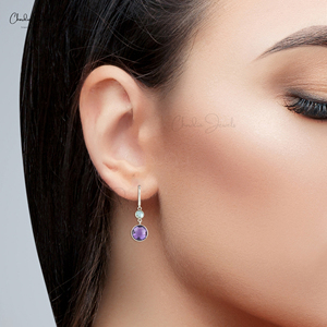 Boucles d'oreilles pendantes en argent sterling 925 avec topaze bleue ciel et améthyste claire naturelle ronde de 10 mm à taille damier pour petite amie - Product Image 3