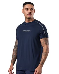 Mens <b>Navy</b> Blue Piped Athletic T Shirt Casual Short Sleeve Crew Neck Sportswear Lightweight Breathable Gym Training Tee for Men - Product Image 1