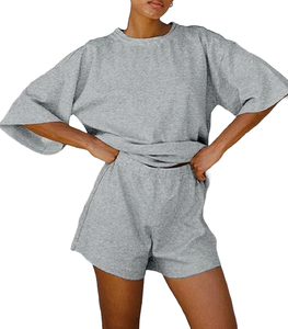 Women's Summer 2-Piece T-Shirt & Above Knee Shorts <b>Set</b> Loose & Comfortable Solid Pattern Tracksuits Sweatsuit for Lounge - Product Image 6