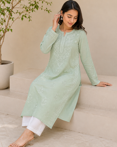 Trending Sage Green Hand <b>Embroidered</b> Lucknowi Chikankari Straight Kurti - Elegant Cotton Ethnic <b>Tunic</b> Top for Women - Product Image 4