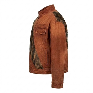 Veste en toile délavée marron rouille personnalisée avec patchwork en fourrure pour homme, col montant, effet vieilli, fournisseur OEM - Product Image 4