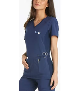 Women's Navy Blue <b>Scrub</b> <b>Tops</b> V-Neck Short Sleeve With Pockets Hospital Uniforms Cotton Polyester Woven Fabric - Product Image 3