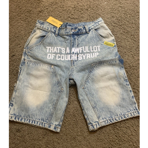 Shorts en jean tricoté de haute qualité, coupe droite, style streetwear, été, hip-hop, oversize, vintage, avec lettres brodées effet vieilli foncé - Product Image 1