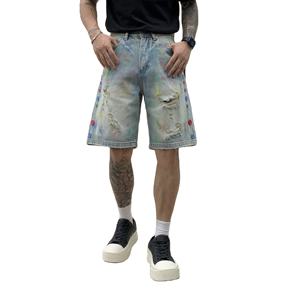 Shorts en jean déchiré pour homme, coupe droite, taille mi-haute, broderies, fermetures éclair, style streetwear, été, tissu en coton tissé, lavable - Product Image 5