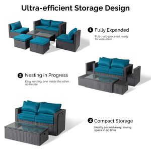 Juego de Muebles de Jardín de 2 Piezas con Cojines Negros de Ratán PEACOCK GREEN, 2 Reposapiés, 1 Sofá Doble y 1 Mesa de Centro con Almacenamiento - Product Image 2