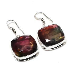 Pendientes Huggie Geométricos de Plata 925 con Ammolita, Estilo Bohemio Vintage, Joyería para Mujer, Regalo Sorpresa para Aniversario de Esposa - Product Image 1