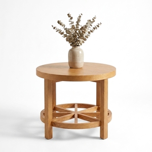 Round Solid Teak Wood Coffee Table Lower Wagon Wheel Shelf Natural Timber Living Room Side Table Modern <b>Rustic</b> Center Accent - Product Image 2