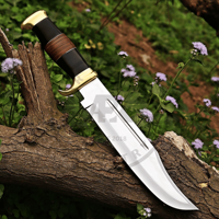 Couteau Bowie à lame fixe à pointe clip, étui en cuir, couteau de chasse et de camping en plein air, garantie de 3 ans, OEM personnalisable, acier inoxydable