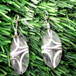 Oval Shaped <b>Clear</b> Crystal Quartz Cabochon Semi-Precious Stone Wire <b>Wrap</b> Pendants Through-Carved Gemstone Jewelry Love - Product Image 1