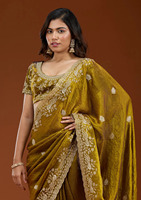 Sari en tissu chiffon épais écologique, broderie quatre saisons, travail Zari, motif fantaisie, bordure ajourée