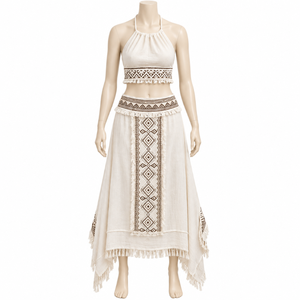 Tribal Embroidered Halter Top Skirt <b>Set</b> Women Fringe Hem Two Piece Boho Outfit Adjustable <b>Tie</b> Vacation Resort Summer Wear | Boho - Product Image 1