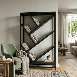 Étagère ouverte contemporaine en bois massif géométrique, noir mat, avec étagères inclinées, présentoir, bibliothèque en forme d'arbre, meuble de salon - Product Image 5