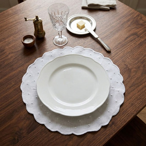 Custom Embroidered Luxury White Dots Circle <b>Placemats</b> Napkins Sets Washable Scallop Border Linen Mats for Weddings Home - Product Image 3