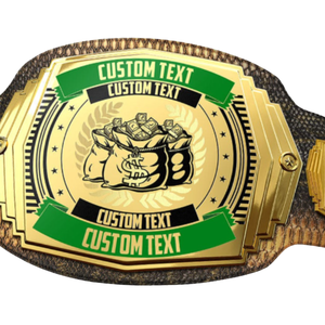 Cinturón de Campeonato Personalizable con Bolsas para Dinero, Placa Dorada y Detalles Verdes para Premios y Reconocimientos Personalizados - Product Image 2