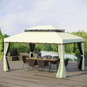 Gazebo da Esterno 10x13 con Telaio in Alluminio Bianco Crema, Tetto Doppio, Zanzariera e Tende - Product Image 2